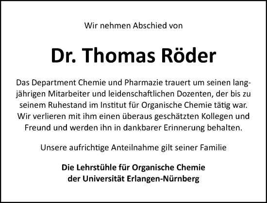 Traueranzeige von Thomas Röder von Gesamtausgabe Nürnberger Nachrichten/ Nürnberger Ztg.