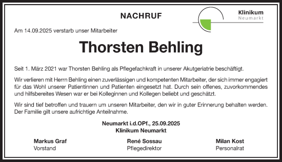 Traueranzeige von Thorsten Behling von Neumarkter Nachrichten Lokal