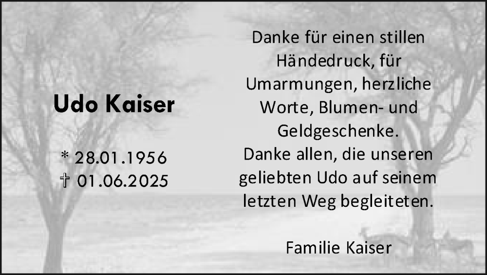  Traueranzeige für Udo Kaiser vom 06.09.2025 aus Gesamtausgabe Nürnberger Nachrichten/ Nürnberger Ztg./ Nordbayer. Nachrichten Pegnitz