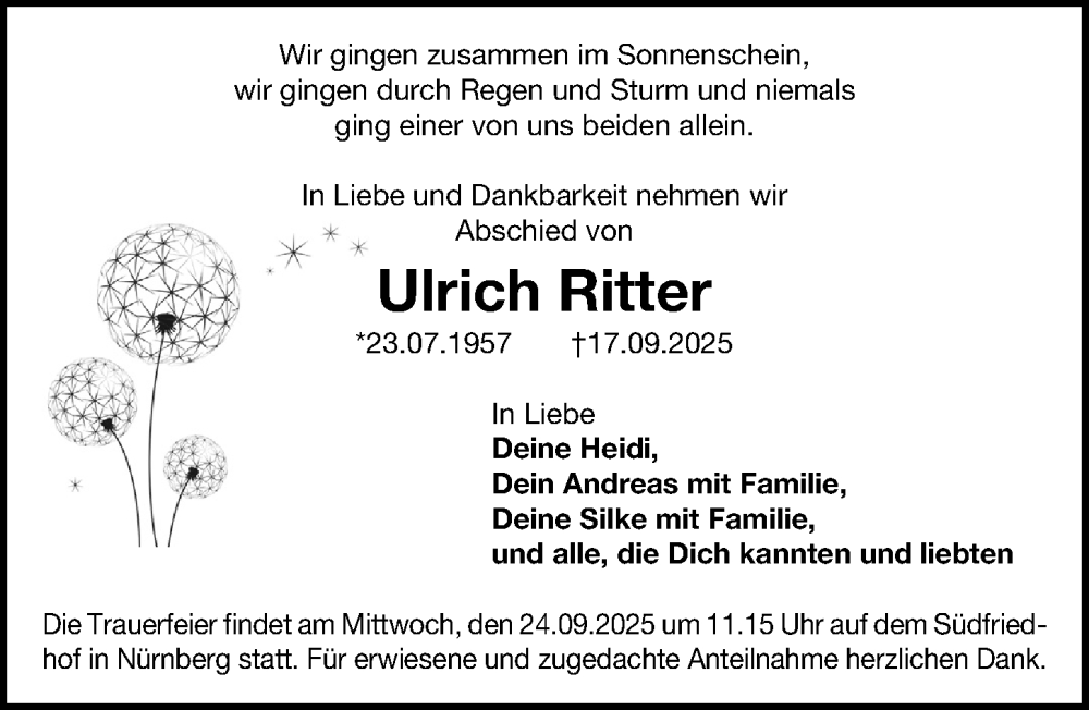  Traueranzeige für Ulrich Ritter vom 20.09.2025 aus Gesamtausgabe Nürnberger Nachrichten/ Nürnberger Ztg.