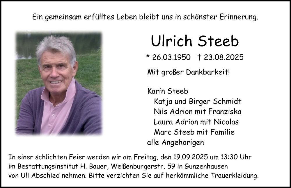  Traueranzeige für Ulrich Steeb vom 17.09.2025 aus Altmühl-Bote Lokal