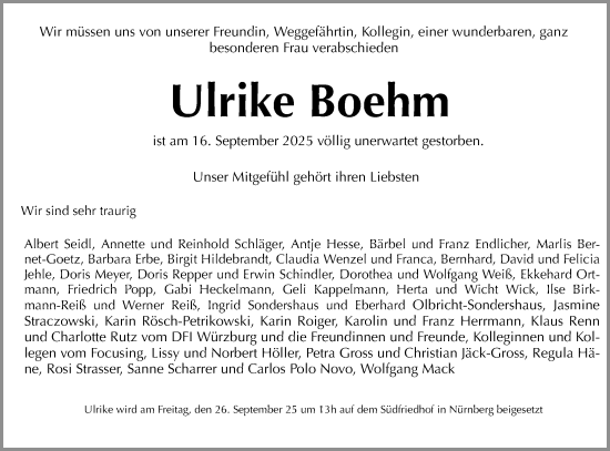 Traueranzeige von Ulrike Boehm von Gesamtausgabe Nürnberger Nachrichten/ Nürnberger Ztg.