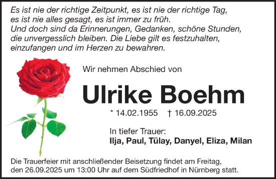 Traueranzeige von Ulrike Boehm von Gesamtausgabe Nürnberger Nachrichten/ Nürnberger Ztg.