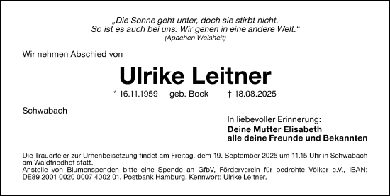 Traueranzeige von Ulrike Leitner von Schwabacher Tagblatt Lokal