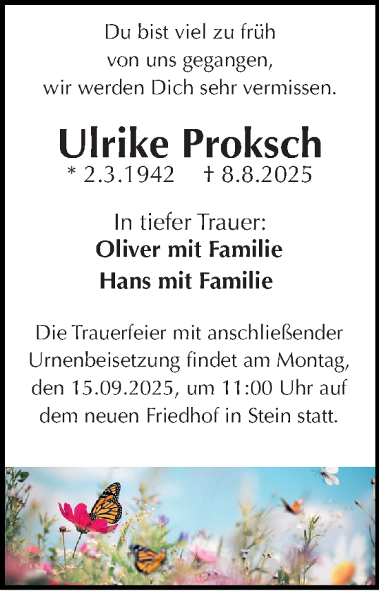 Traueranzeige von Ulrike Proksch von Gesamtausgabe Nürnberger Nachrichten/ Nürnberger Ztg.