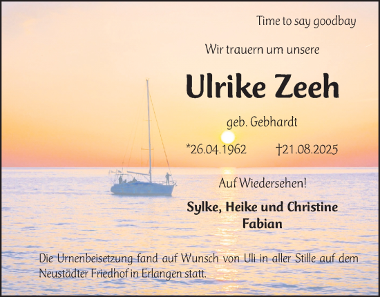 Traueranzeige von Ulrike Zeeh von Erlanger Nachrichten Lokal