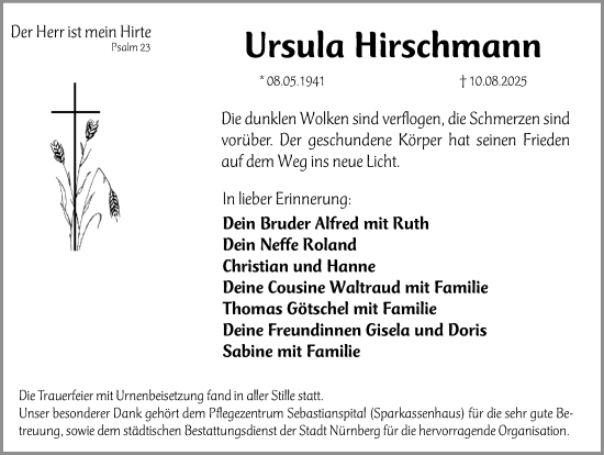 Traueranzeige von Ursula Hirschmann von Gesamtausgabe Nürnberger Nachrichten/ Nürnberger Ztg.