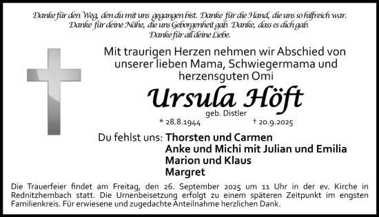 Traueranzeige von Ursula Höft von Schwabacher Tagblatt Lokal