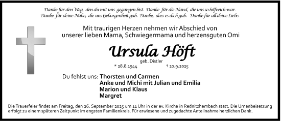 Traueranzeige von Ursula Höft von Gesamtausgabe Nürnberger Nachrichten/ Nürnberger Ztg.