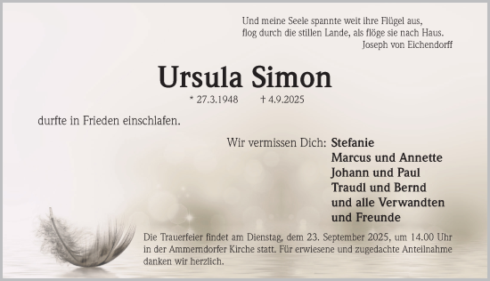 Traueranzeige von Ursula Simon von Fürther Nachrichten Lokal