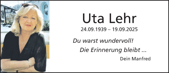 Traueranzeige von Uta Lehr von Gesamtausgabe Nürnberger Nachrichten/ Nürnberger Ztg.