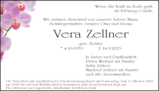 Traueranzeige von Vera Zellner von Schwabacher Tagblatt Lokal