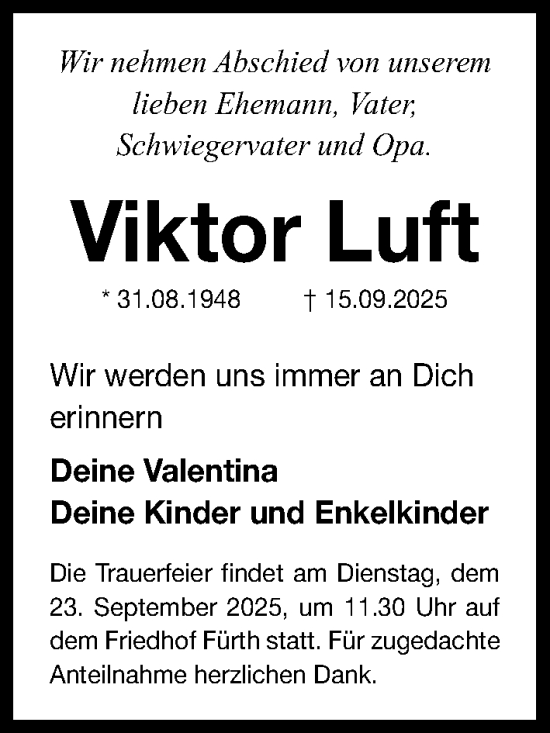 Traueranzeige von Viktor Luft von Fürther Nachrichten Lokal