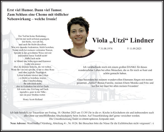 Traueranzeige von Viola Lindner von Gesamtausgabe Nürnberger Nachrichten/ Nürnberger Ztg.