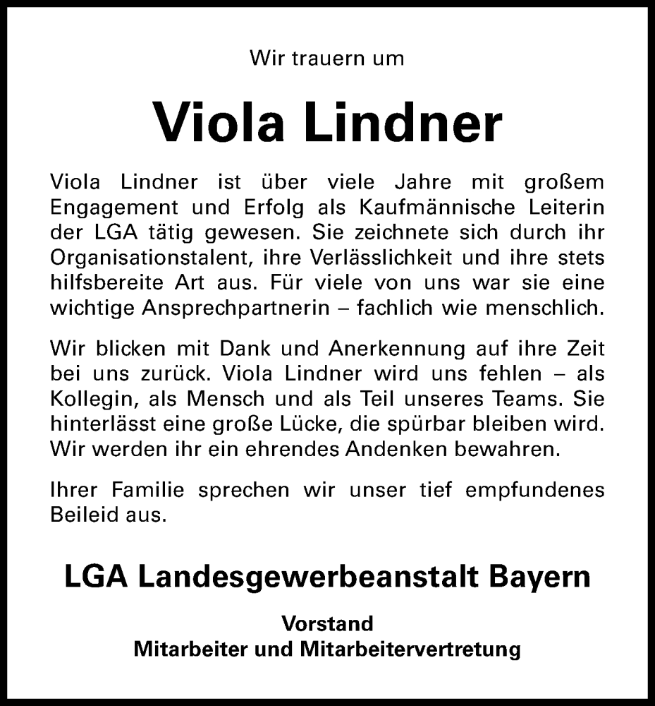  Traueranzeige für Viola Lindner vom 20.09.2025 aus Gesamtausgabe Nürnberger Nachrichten/ Nürnberger Ztg.