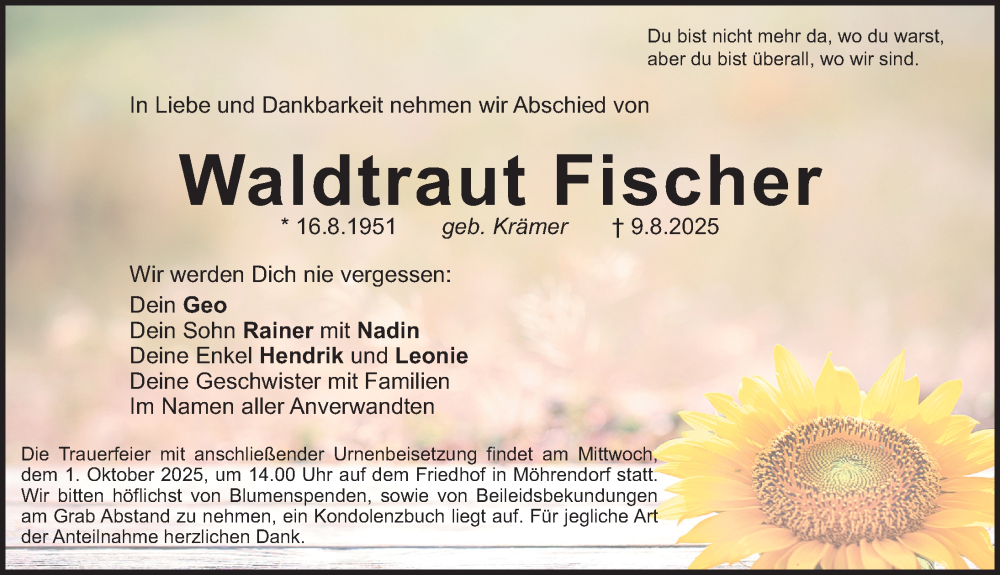  Traueranzeige für Waldtraut Fischer vom 27.09.2025 aus Erlanger Nachrichten Lokal