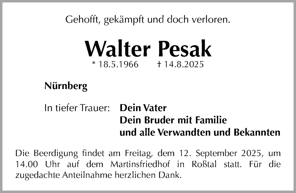  Traueranzeige für Walter Pesak vom 06.09.2025 aus Fürther Nachrichten Lokal
