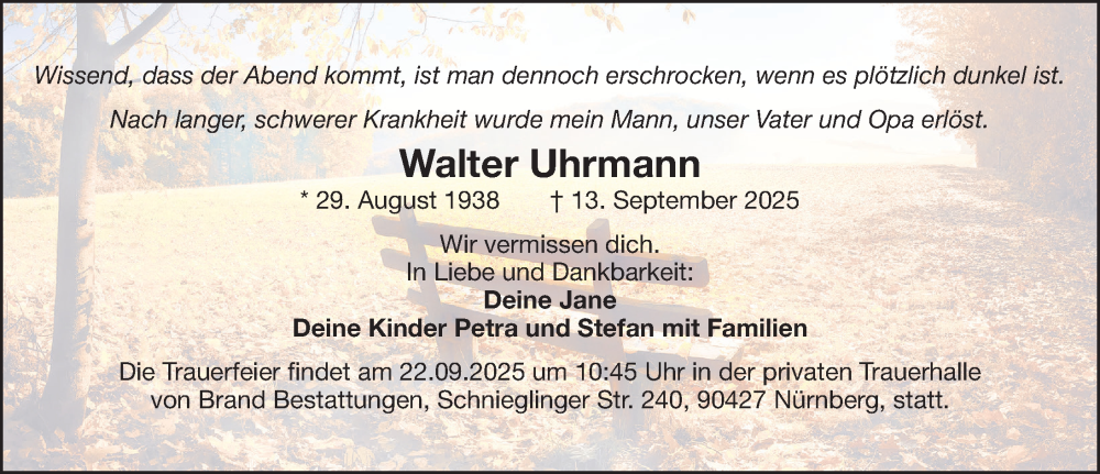  Traueranzeige für Walter Uhrmann vom 20.09.2025 aus Gesamtausgabe Nürnberger Nachrichten/ Nürnberger Ztg.