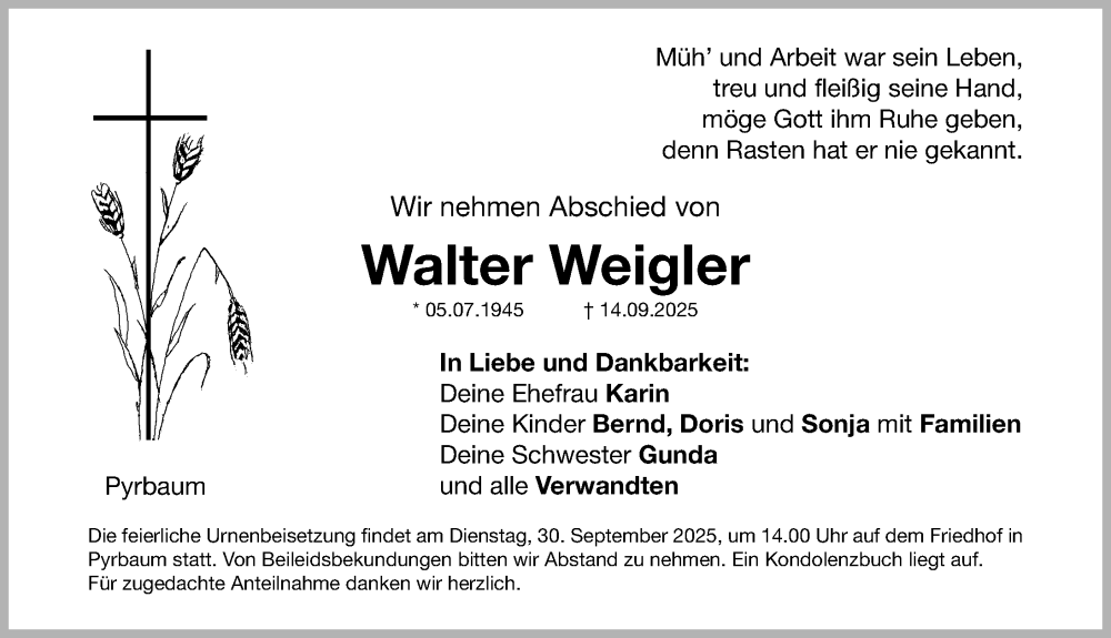  Traueranzeige für Walter Weigler vom 27.09.2025 aus Neumarkter Nachrichten Lokal