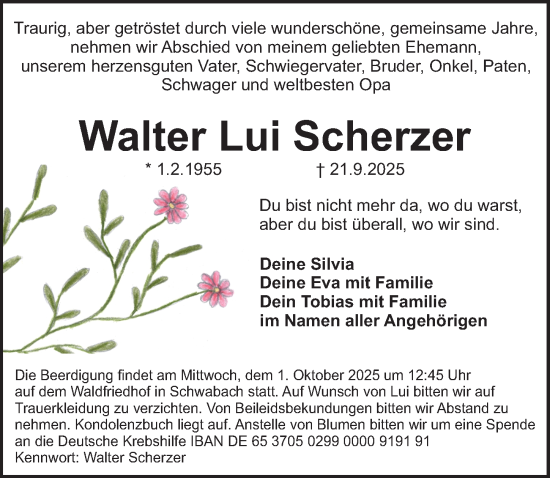 Traueranzeige von Walter Lui Scherzer von Schwabacher Tagblatt Lokal