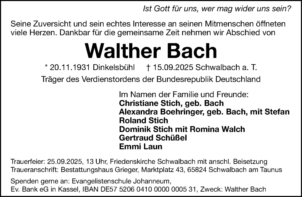  Traueranzeige für Walther Bach vom 20.09.2025 aus Gesamtausgabe Nürnberger Nachrichten/ Nürnberger Ztg.