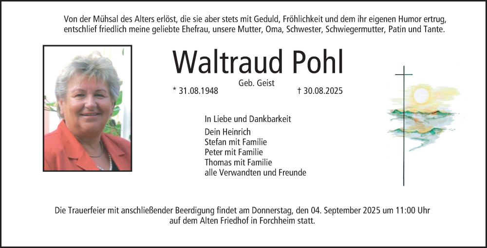  Traueranzeige für Waltraud Pohl vom 03.09.2025 aus Nordbayerische Nachrichten Forchheim Lokal