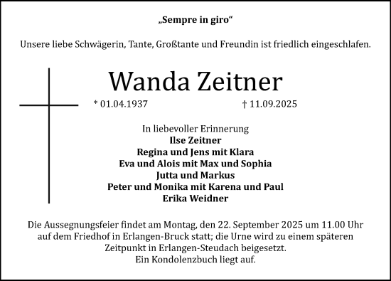 Traueranzeige von Wanda Zeitner von Erlanger Nachrichten Lokal