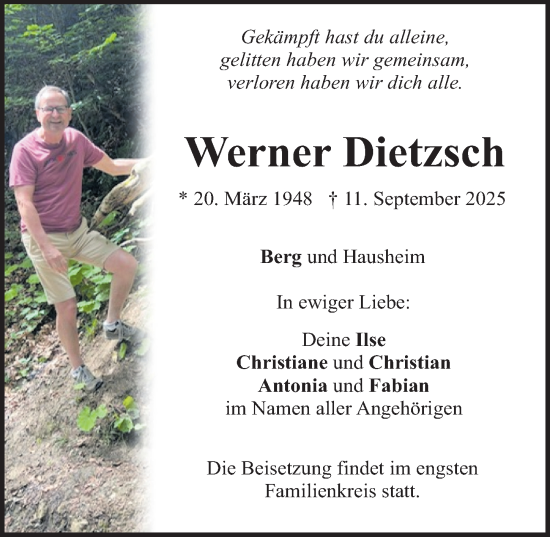 Traueranzeige von Werner Dietzsch von Neumarkter Nachrichten Lokal