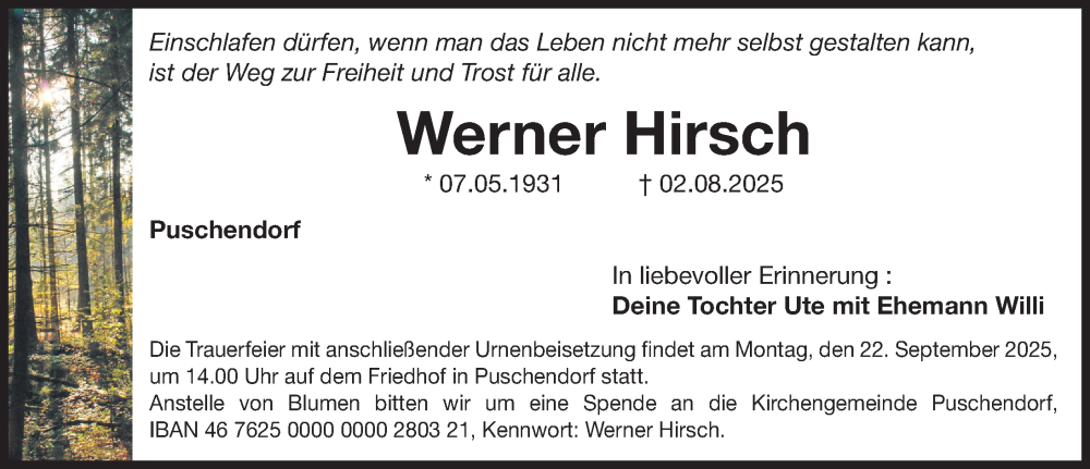  Traueranzeige für Werner Hirsch vom 17.09.2025 aus Fürther Nachrichten Lokal