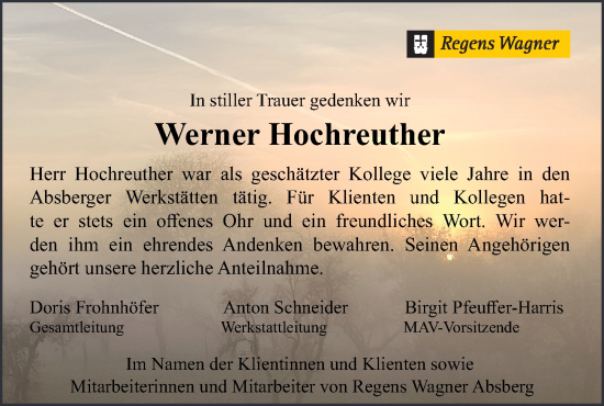 Traueranzeige von Werner Hochreuther von Altmühl-Bote Lokal