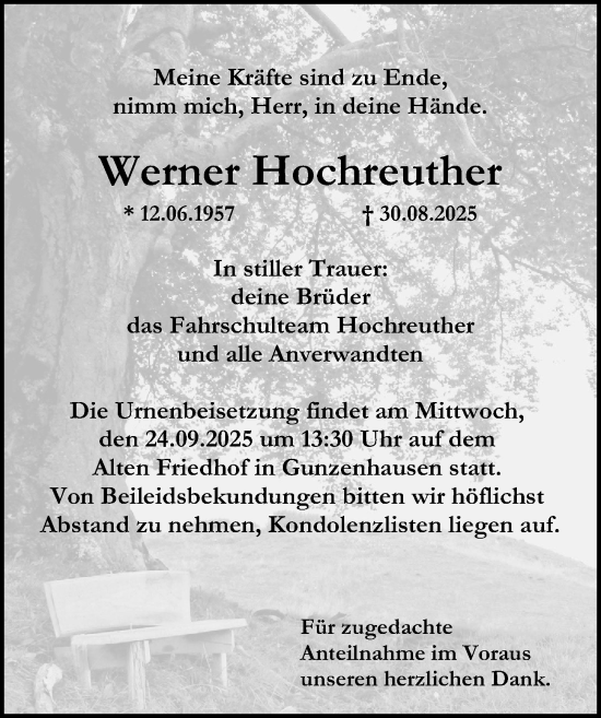 Traueranzeige von Werner Hochreuther von Altmühl-Bote Lokal
