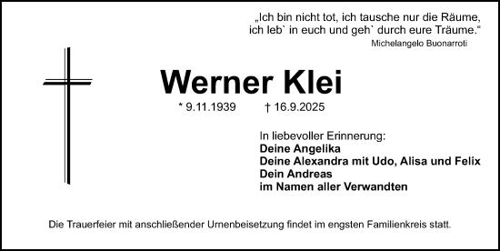 Traueranzeige von Werner Klei von Gesamtausgabe Nürnberger Nachrichten/ Nürnberger Ztg.