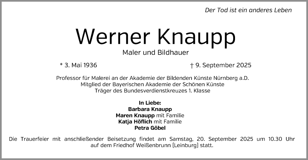  Traueranzeige für Werner Knaupp vom 13.09.2025 aus Gesamtausgabe Nürnberger Nachrichten/ Nürnberger Ztg.