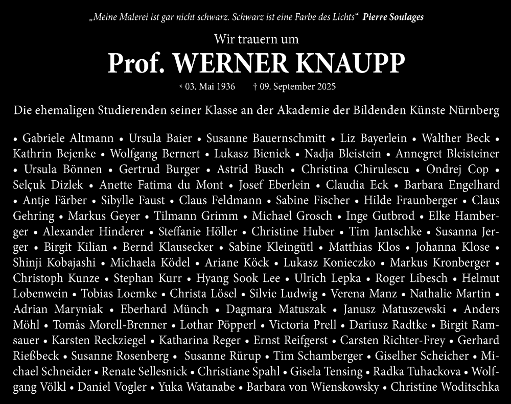  Traueranzeige für Werner Knaupp vom 20.09.2025 aus Gesamtausgabe Nürnberger Nachrichten/ Nürnberger Ztg.