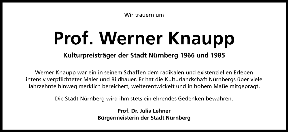  Traueranzeige für Werner Knaupp vom 20.09.2025 aus Gesamtausgabe Nürnberger Nachrichten/ Nürnberger Ztg.