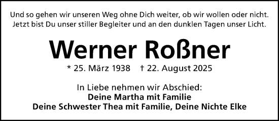 Traueranzeige von Werner Roßner von Gesamtausgabe Nürnberger Nachrichten/ Nürnberger Ztg.
