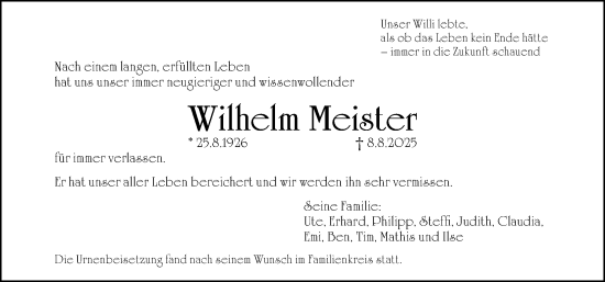 Traueranzeige von Wilhelm Meister von Gesamtausgabe Nürnberger Nachrichten/ Nürnberger Ztg.