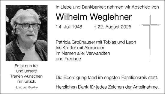 Traueranzeige von Wilhelm Weglehner von Roth-Hilpoltsteiner Volkszeitung Lokal