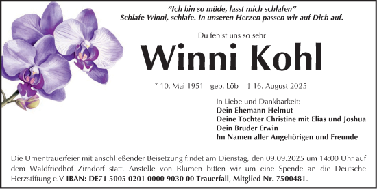 Traueranzeige von Winni Kohl von Fürther Nachrichten Lokal