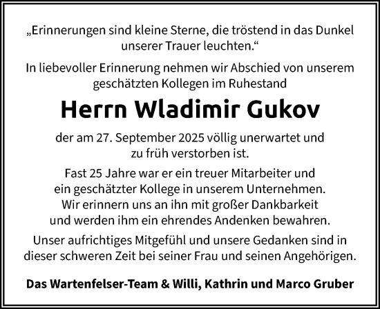Traueranzeige von Wladimir Gukov von Nordbayerische Nachrichten Herzogenaurach Lokal