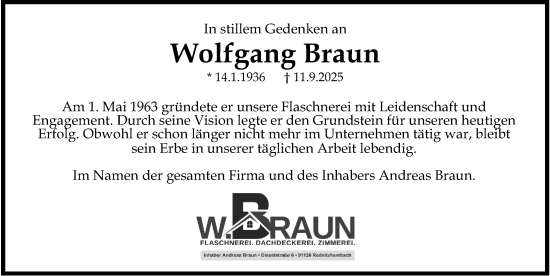 Traueranzeige von Wolfgang Braun von Schwabacher Tagblatt Lokal