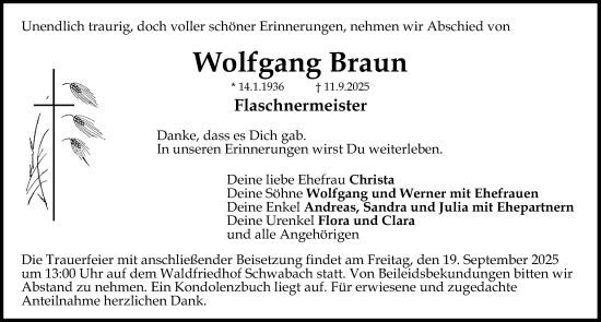 Traueranzeige von Wolfgang Braun von Schwabacher Tagblatt Lokal