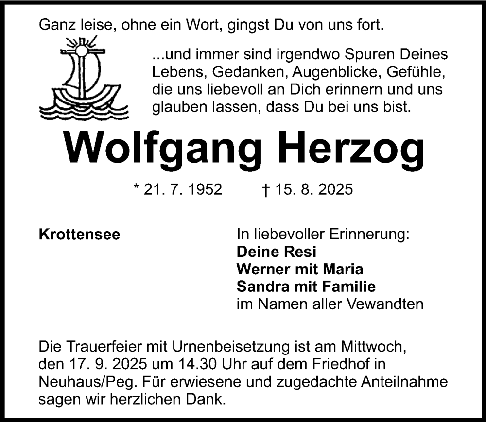  Traueranzeige für Wolfgang Herzog vom 13.09.2025 aus Nordbayerische Nachrichten Pegnitz Lokal