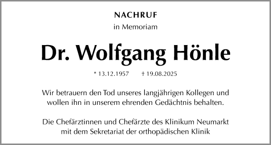 Traueranzeige von Wolfgang Hönle von Neumarkter Nachrichten Lokal