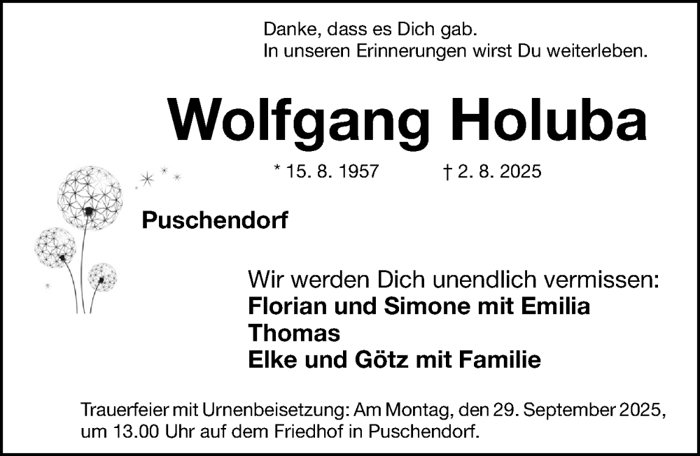  Traueranzeige für Wolfgang Holuba vom 24.09.2025 aus Fürther Nachrichten Lokal