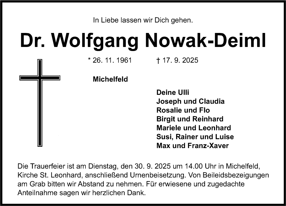  Traueranzeige für Wolfgang Nowak-Deiml vom 27.09.2025 aus Nordbayerische Nachrichten Pegnitz Lokal