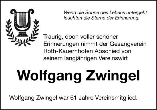 Traueranzeige von Wolfgang Zwingel von Roth-Hilpoltsteiner Volkszeitung Lokal