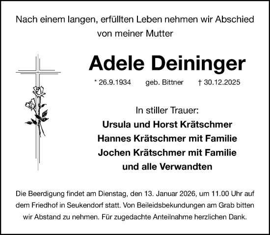Traueranzeige von Adele Deininger von Fürther Nachrichten Lokal