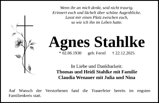 Traueranzeige von Agnes Stahlke von Gesamtausgabe Nürnberger Nachrichten/ Nürnberger Ztg.