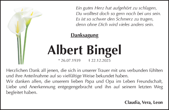 Traueranzeige von Albert Bingel von Roth-Hilpoltsteiner Volkszeitung Lokal